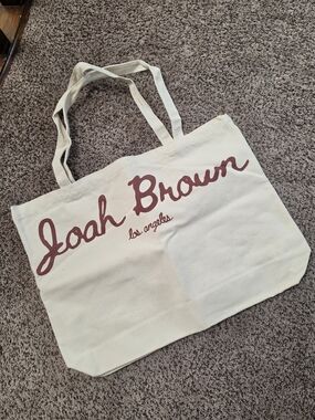 Joah Brown Cream Canvas Tote with Cherry Brown Script Logo